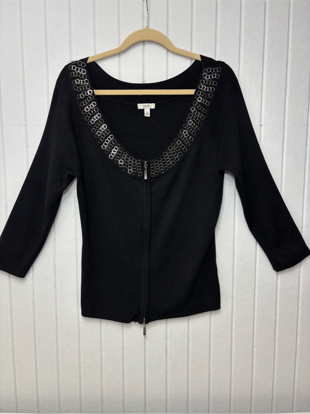 Cache Vintage Black Zip-Front Top with Silver Ring Embellished Scoop Neck M‎